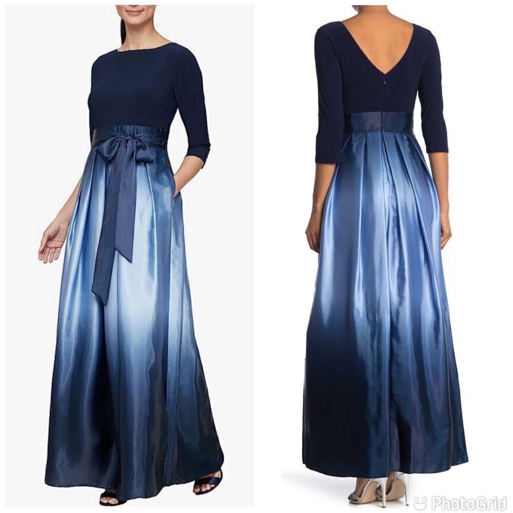 SLNY Navy Wedgewood Blue Tie Waist Ombre Skirt Gown Formal Party Dress